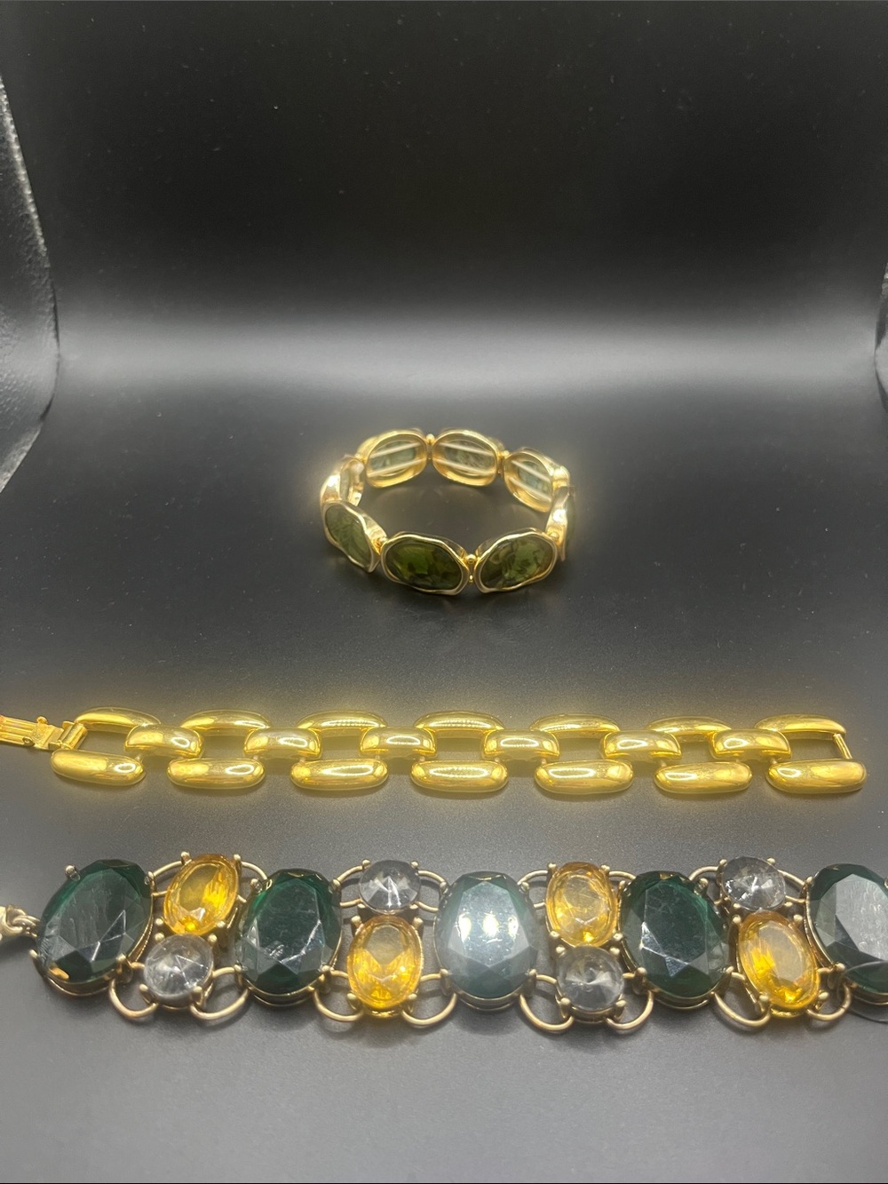 Chunky Gold-Tone Bracelet Set with Green and Yellow Gem Accents
